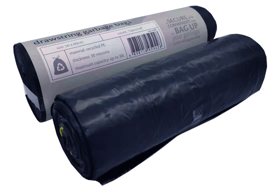 500x600mm 30 Micron 1.2 Mil Recyclable Reusable Bags Drawstring Black Bin Bags